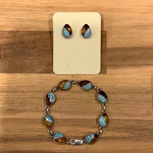 Split Larimar and Amber 8” Sterling Silver Bracelet and Earrings